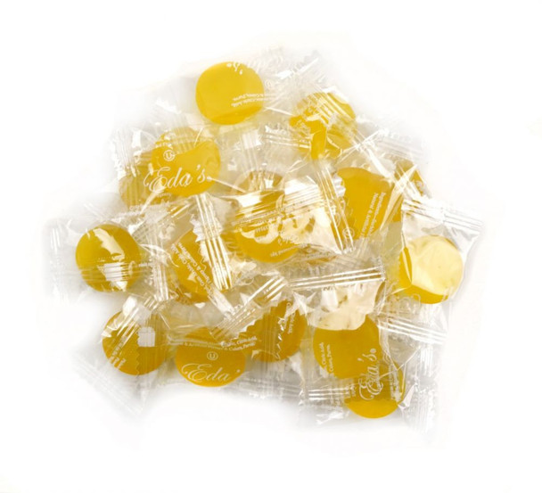 Bright lemon yellow, sugar-free Eda's hard candies, 15LB case, approx. 1200 pieces.