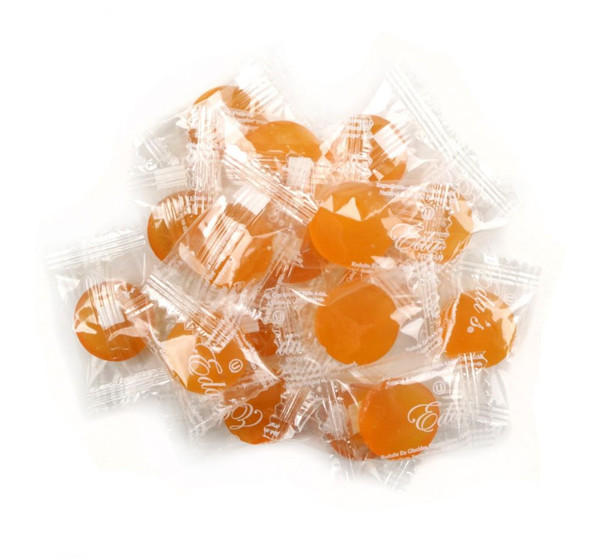 Eda's Orange Sugar Free Hard Candy, 15LB case, approx. 1200 bright orange pieces, zesty citrus flavor.
