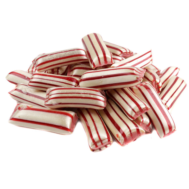Red and white striped Hammonds Old Fashioned peppermint straws, handcrafted, crisp, with creamy chocolate filling.