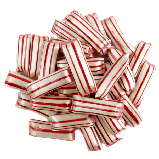 Hammonds Old Fashioned red, white striped crisp peppermint candy straws with rich chocolate filling.