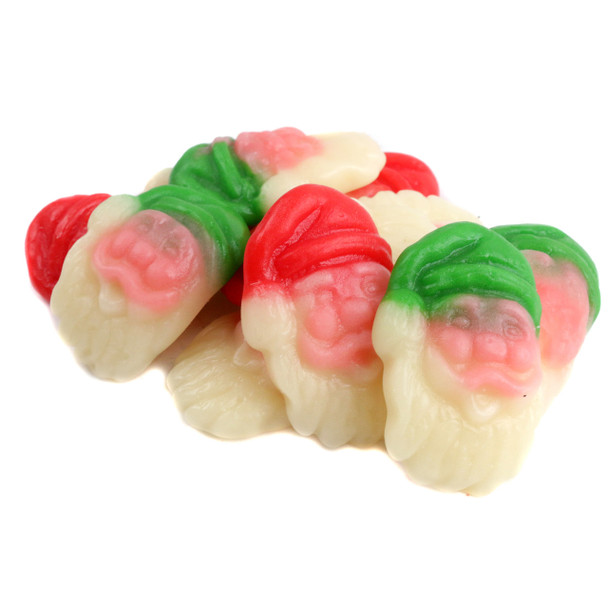 Red & white Santa Claus gummy candy, 6x 4.4LB bulk bags, strawberry & cream flavored for Christmas.