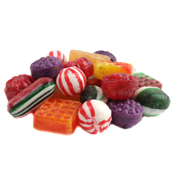 Old Fashioned Christmas hard & filled candy mix. Unwrapped, vibrant colors, various shapes. Dark chocolate centers, peppermint, fruit.