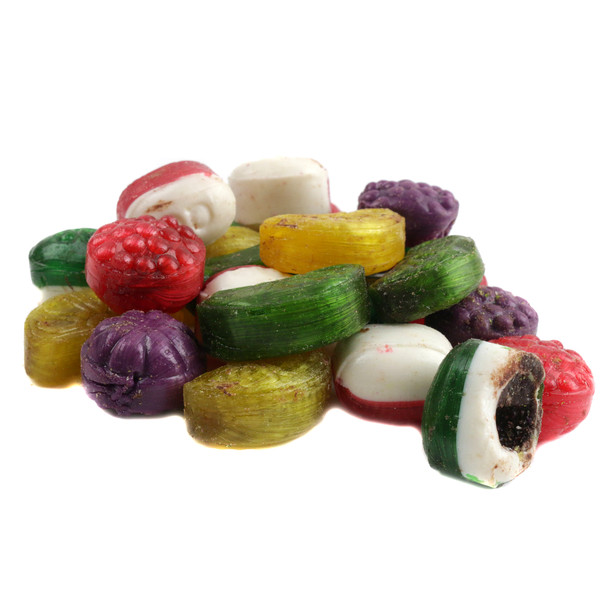 Old Fashioned Christmas hard candies, unwrapped. Features rich chocolatey centers, a luxurious retro filled treat from Quality Candy Co.