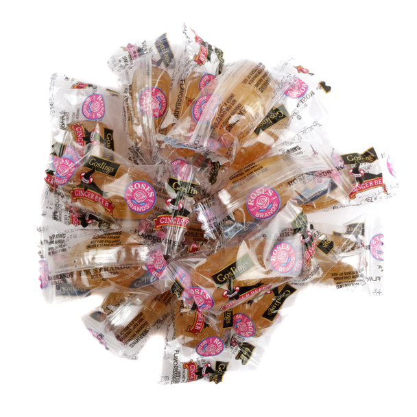 Brown, barrel-shaped Goslings Ginger Beer hard candies, natural ginger flavor, sweet & spicy, approximately 48 per pound.