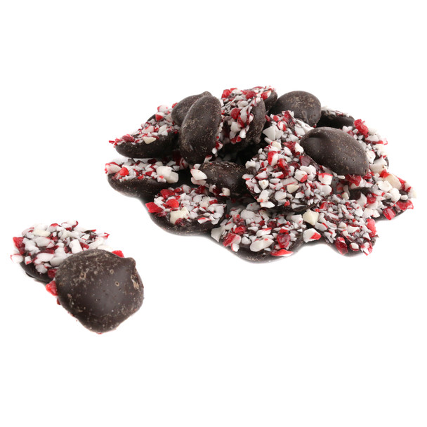 Asher's Dark Chocolate Peppermint Bites, individual dark chocolate pieces, visible white peppermint candy bits.