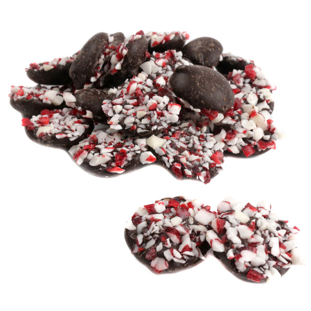 Ashers Dark Chocolate Peppermint Bites, rich dark brown chocolate with white peppermint candy pieces, handcrafted, bite-sized.