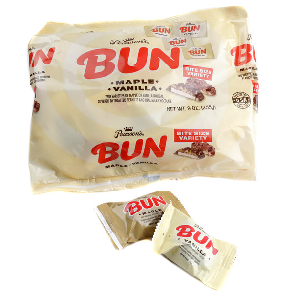 Pearsons Bun Bar Bite Size Assortment, 9oz bag with 18 maple and vanilla nougat bars, milk chocolate, peanuts.