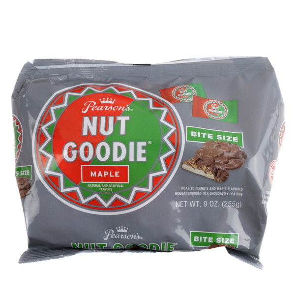 Pearsons 9oz bag, approx 18 bite-size Nut Goodies, dark chocolatey coating, roasted peanuts, golden maple nougat.