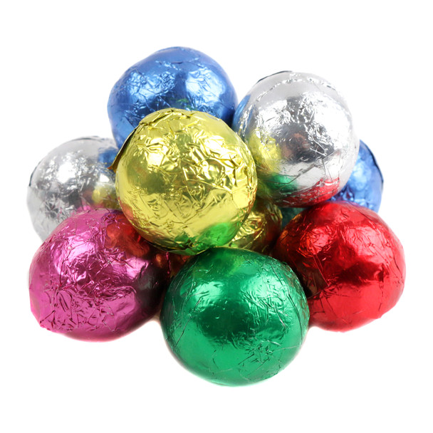 Madelaine Milk Chocolate Crispy Christmas Balls, vibrant red, green, gold jewel-toned foil, crunchy rice center, 80 per pound.