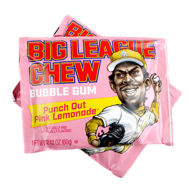 Big League Chew Punch Out Pink Lemonade shredded bubble gum, bright pink, sweet and tart lemonade flavor.