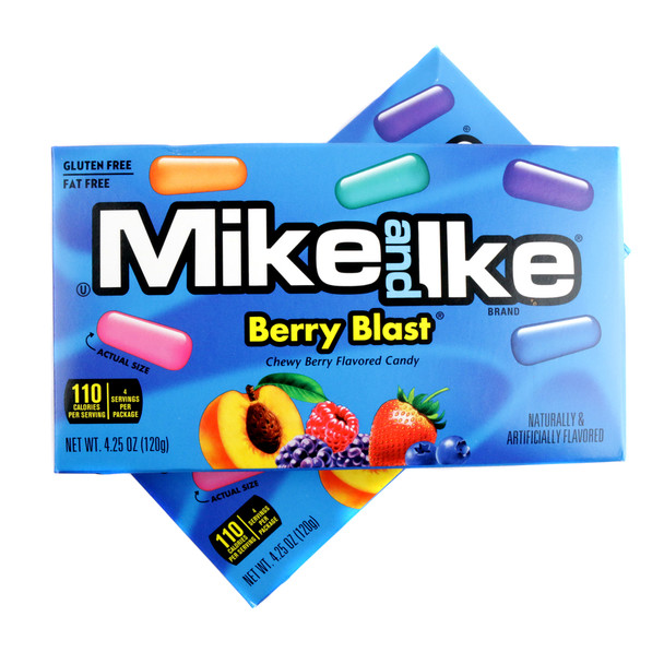 12 Mike and Ike Berry Blast theater boxes, colorful chewy candy, blueberry, blue raspberry, strawberry, wildberry, peach berry.