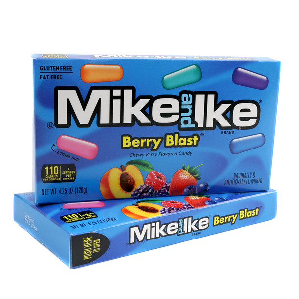 Mike and Ike Berry Blast 12-pack theater boxes. Rainbow chewy candy with blueberry, strawberry, peach flavors.
