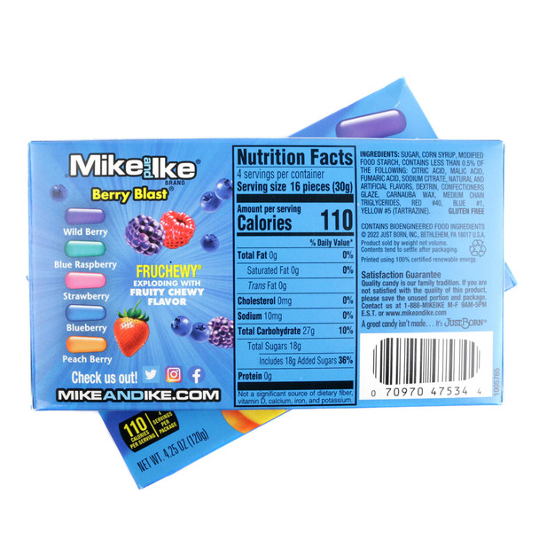 Mike and Ike Berry Blast 12 pack theater boxes, assorted berry colors, chewy fruit flavored candy.