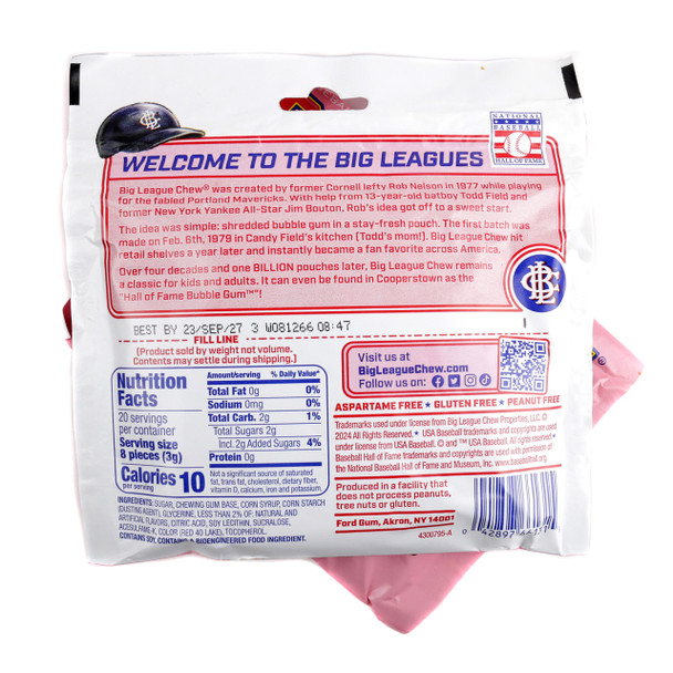 9 pouches of Big League Chew Punch Out Pink Lemonade shredded bubble gum. Sweet, tart pink flavor for game day.
