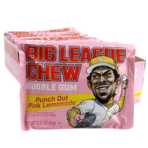 Big League Chew Punch Out Pink Lemonade shredded bubble gum, 9 packs. Classic pink pouches, sweet & tart flavor.
