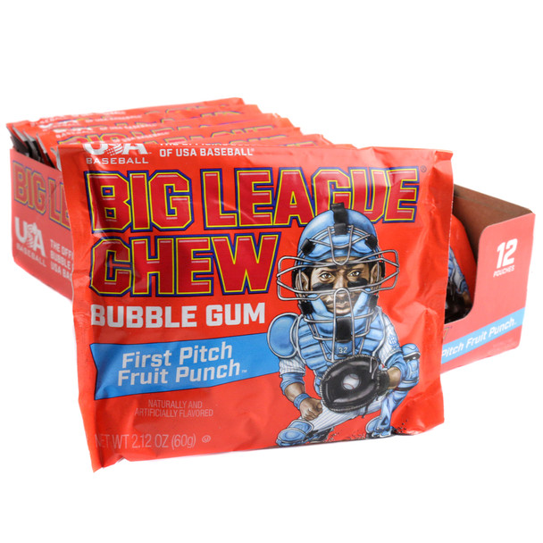 Big League First Pitch Fruit Punch candy, 9 bright red packs, 12 count each, sweet & refreshing fruit punch flavor.