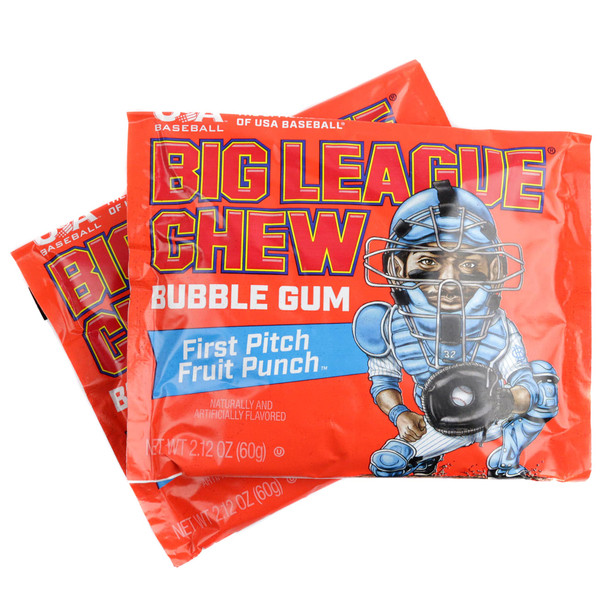 Big League Chew First Pitch Fruit Punch shredded bubble gum, bright red, juicy fruit flavor, baseball candy.