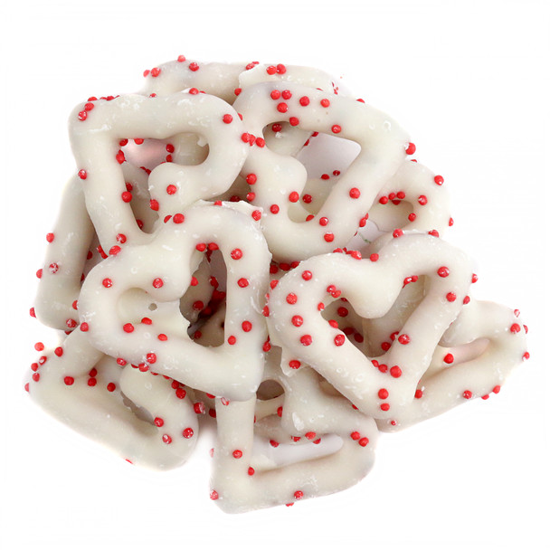 image of Heart Shaped Yogurt Covered Pretzels Red Nonpareils bulk unwrapped white chocolate valentines candy