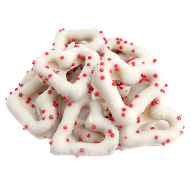 image of Heart Shaped Yogurt Covered Pretzels Red Nonpareils bulk unwrapped white chocolate valentines candy