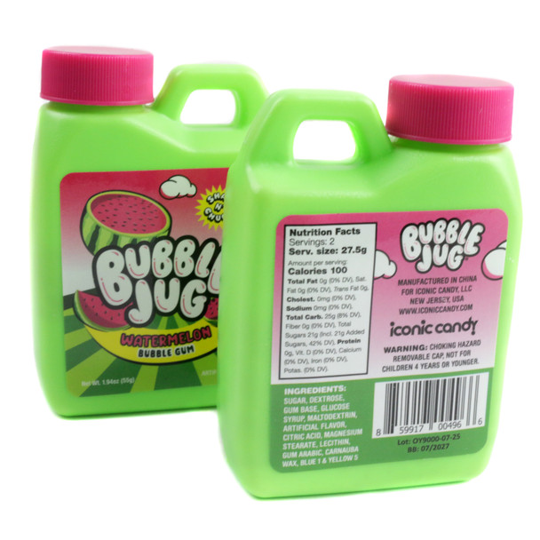 12 vibrant green and red watermelon-flavored Bubble Jugs, each filled with bubble gum perfect for blowing bubbles.