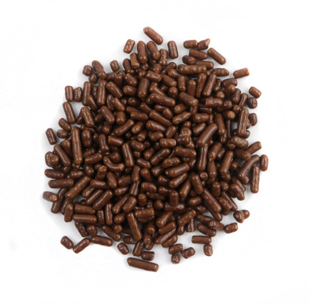 USA made rich brown chocolate sprinkles, baking candy decorettes for decorating cakes, cookies, desserts.