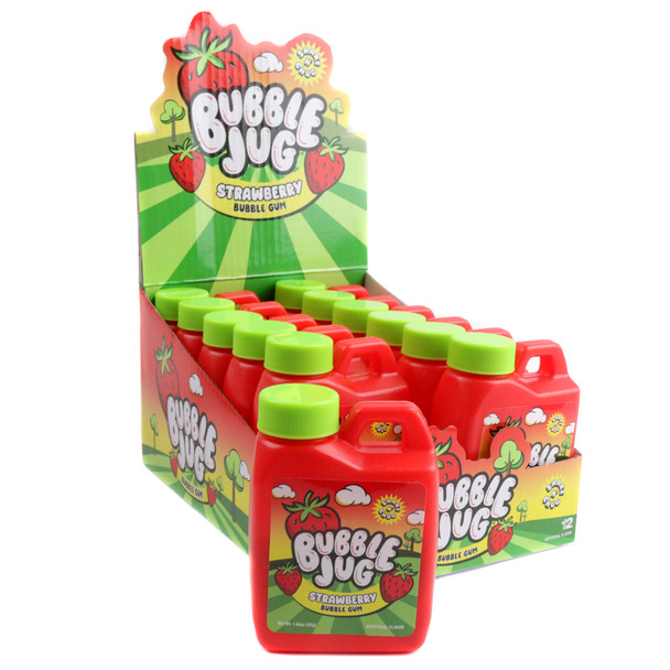 12 red strawberry Bubble Jugs, iconic plastic jugs filled with bubble gum for blowing bubbles.