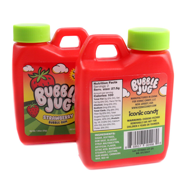 Twelve red iconic Bubble Jugs, 1.94oz each, strawberry bubble gum for blowing bubbles.