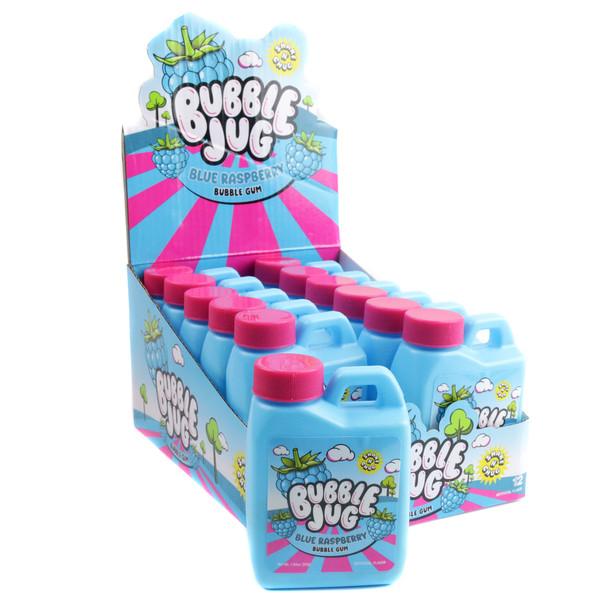 12 classic Bubble Jugs of pourable, vibrant blue raspberry bubble gum, 1.94oz each, perfect for big bubbles.