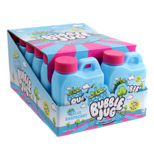 12 Bubble Jugs of blue raspberry pourable candy gum, each 1.94oz. Retro novelty blue bubble gum for blowing bubbles.