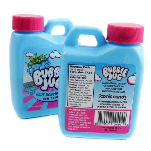12 blue Bubble Jugs of blue raspberry pourable candy gum, a classic sweet and tart novelty retro treat.