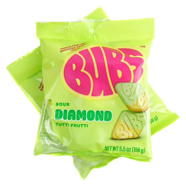 Bubs Sour Diamond Tutti Frutti 8 pack 5.5oz bags, colorful diamond gummies with tangy sour sugar.
