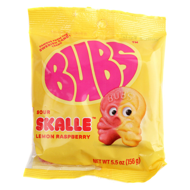 Bubs Sour Lemon Raspberry Skulls, yellow & red skull-shaped gummies, sour sugar coated, 5.5oz bag of candy.