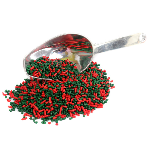 Vibrant red and green Christmas sprinkles, a festive dessert topping for holiday cakes, cookies, and cupcakes.