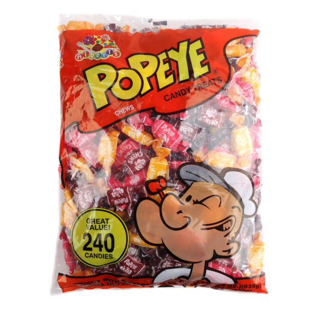 Albert's Popeye's Fruit Chews, 240 individually wrapped, multi-colored, chewy fruit candies in bright wrappers.