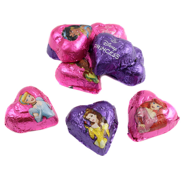 Colorful, individually wrapped Disney Princess chocolate hearts, featuring Cinderella, Ariel, Belle, Moana, Tiana. Approx 48 pieces.