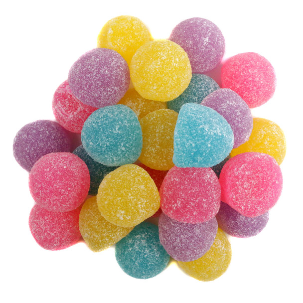 Easter gumdrops, soft chewy sugar-dusted candy. Red, yellow, purple, blue, fruity flavors: raspberry, lemon, grape, blueberry.