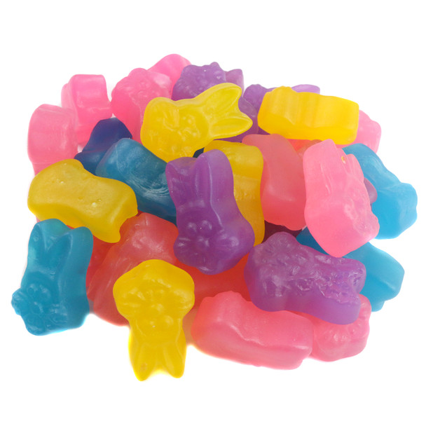 Brightly colored Easter Rabbit Jubes, chewy fruity candy in red, purple, blue, yellow rabbit shapes, approx. 70 per pound.
