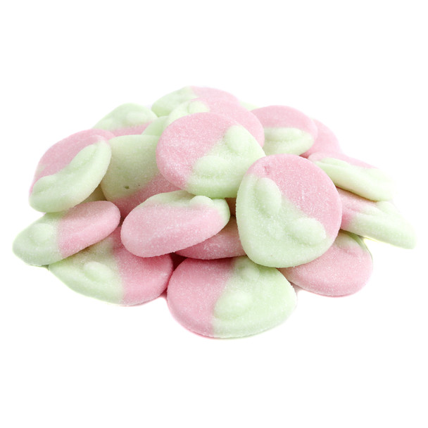 Pink and light green alien-shaped Gummy Aliens, tangy watermelon flavor, approx 53 per pound.