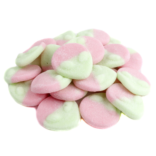 Vibrant pink and light green alien-shaped Gummy Aliens, tangy watermelon flavor, approximately 53 candies per pound.