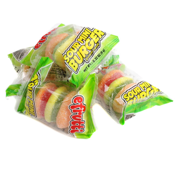 Colorful Efrutti Sour Gummy Mini Burgers, candy designed as tiny hamburgers with bun, lettuce, cheese, patty layers in 2LB bag.