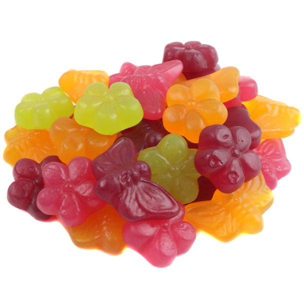 Vidal Gummy Flowers & Butterflies, assorted vibrant colorful fruit-flavored chewy candy.