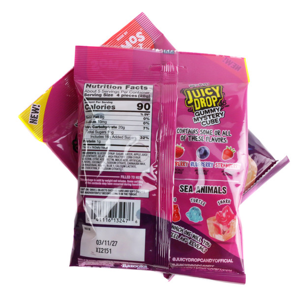 Colorful Juicy Drop Mystery Cube wild berry gummy candy, chewy cube gummies in a 5oz bag. Sweet, tangy fruit mix.