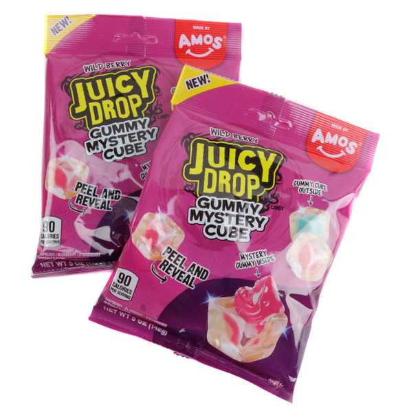 Juicy Drop Gummy Mystery Cubes Wild Berry, a 5oz bag of colorful soft chewy bite-sized gummies with mixed berry flavors.