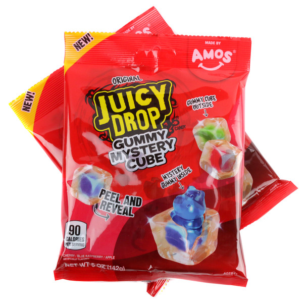 12 colorful 5oz bags of Juicy Drop Mystery Gummy Cubes. Chewy fruit candy, sweet & tangy cherry, green apple, citrus.