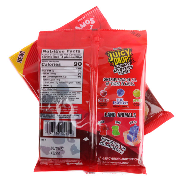 Colorful Juicy Drop Mystery Cube gummy candy in a 5oz bag, featuring a mix of fruit flavors like cherry, green apple, citrus.