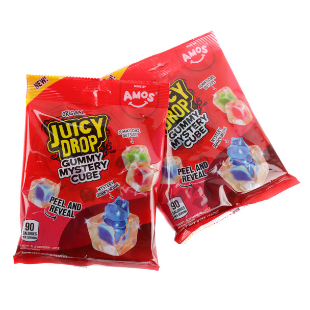 Juicy Drop Gummy Mystery Cube, colorful 5oz bag of chewy fruit flavored gummies, original cherry, green apple, citrus.