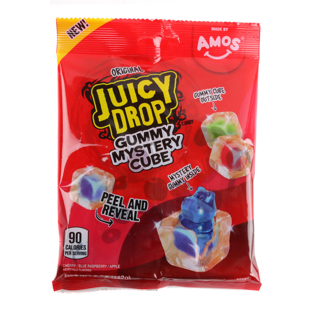 Juicy Drop Gummy Mystery Cube Original 5oz bag, colorful red, green, citrus fruit gummy candy, sweet tangy.
