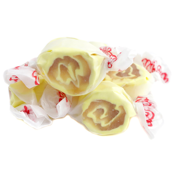 Taffy Town Salt Water Taffy, Pineapple Upside Down Cake, approx 65 individually wrapped golden, yellow, and caramel-colored pieces.