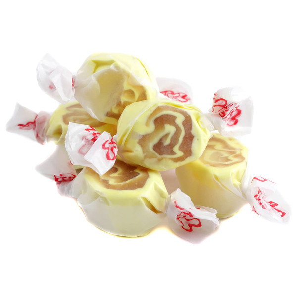 Individually wrapped Taffy Town Pineapple Upside Down Cake salt water taffy, golden, yellow, caramel colors, approx. 65 pieces per lb.