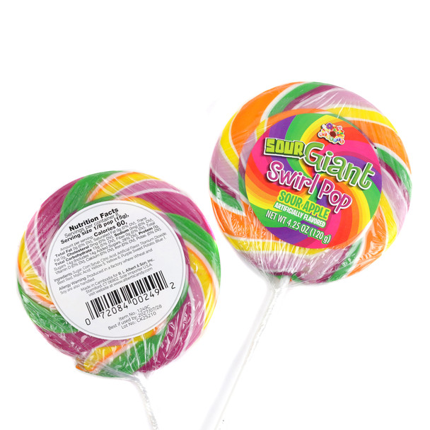 Alberts Sour Giant Swirl Pops, 12 count, 4.25oz each. Rainbow swirl, oversized, individually wrapped sour lollipops.